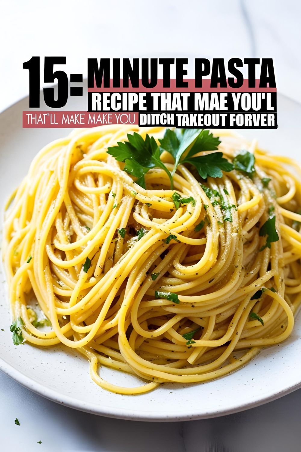 Plate of spaghetti aglio e olio garnished with parsley.