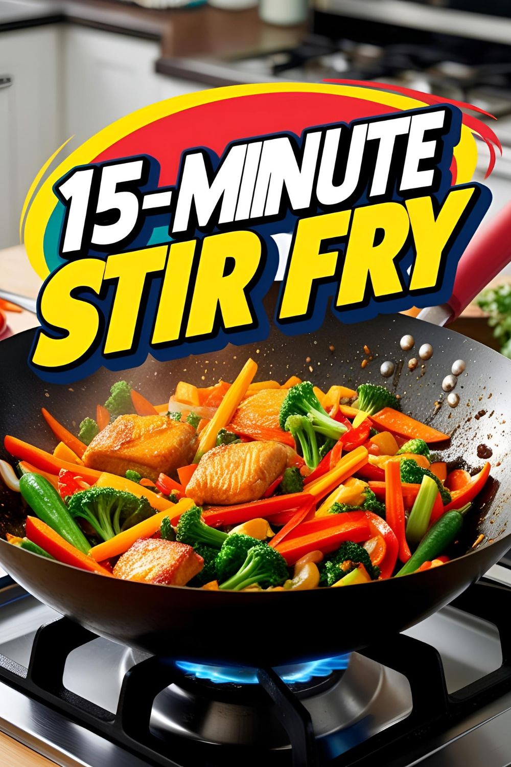 A vibrant 15-minute stir fry served over rice with colorful vegetables and protein.