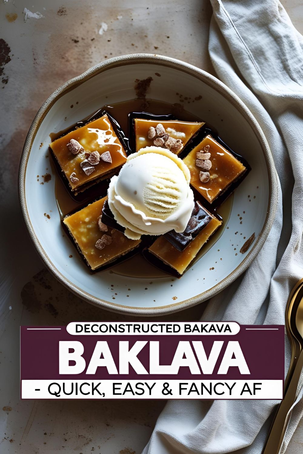 Crispy deconstructed baklava recipe with golden phyllo pieces, honey drizzle, and crushed nuts in a stylish dessert bowl.