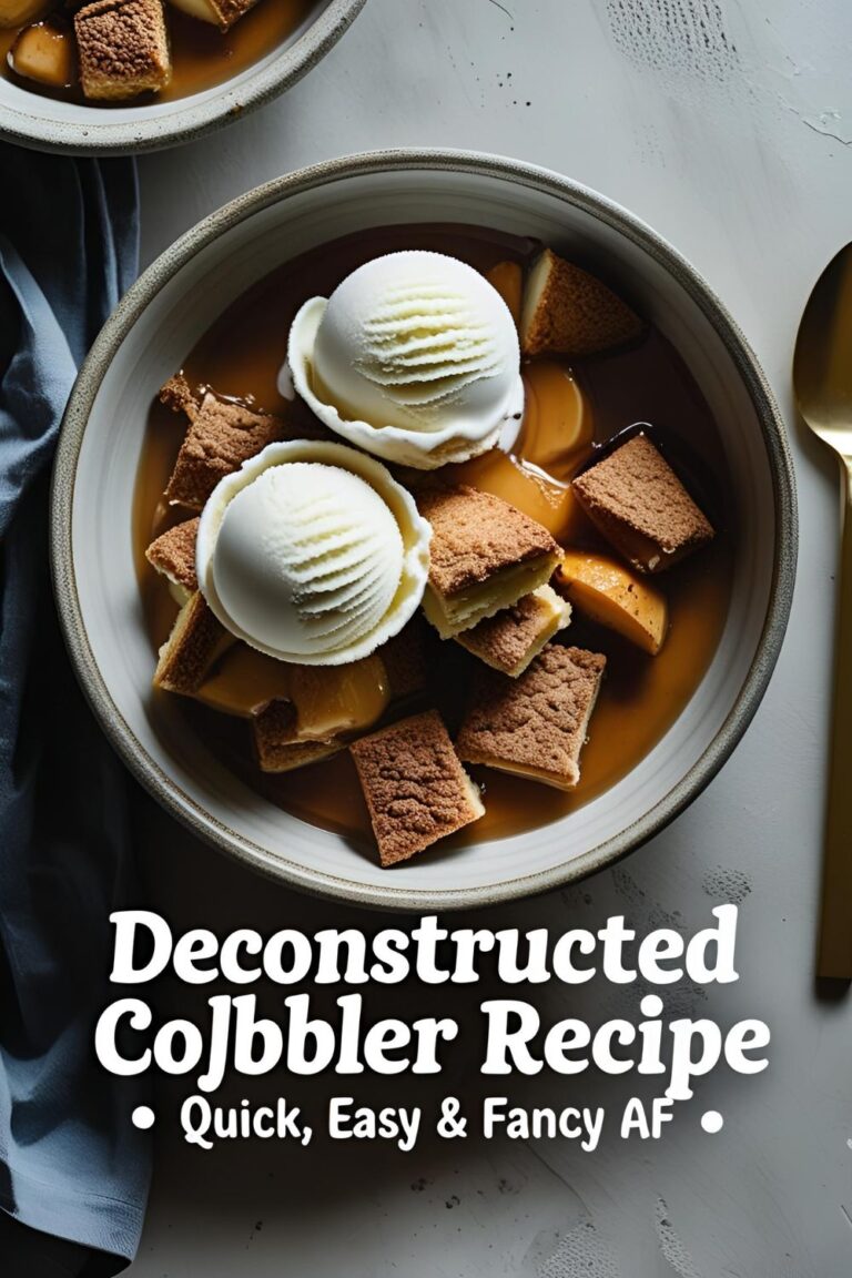 Modern deconstructed cobbler dessert with berries, biscuit crunch, and ice cream in ceramic bowl.