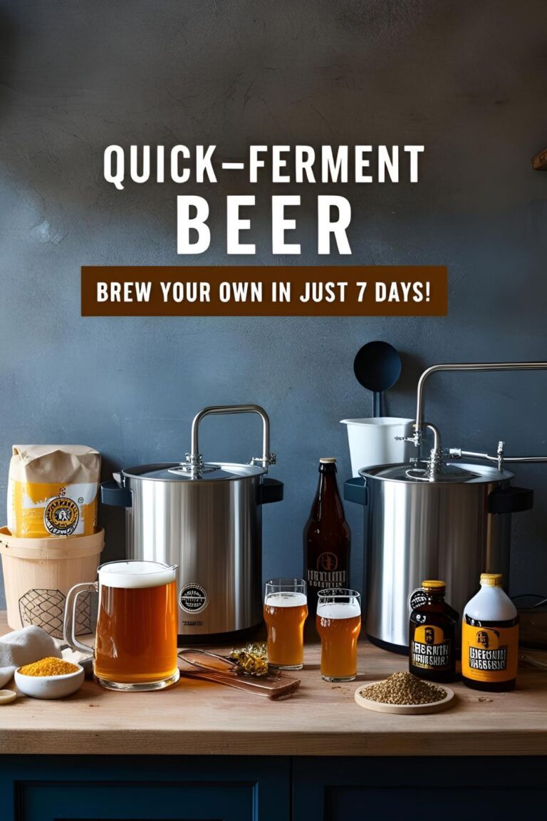 Glass of homemade quick-ferment beer with brewing equipment in the background."