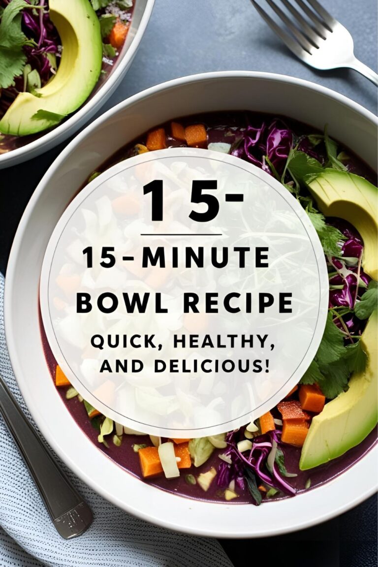 A vibrant, healthy bowl filled with grains, veggies, and toppings, ready in 15 minutes.