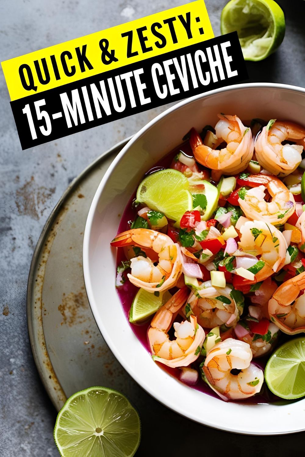 "A vibrant bowl of 15-minute ceviche garnished with cilantro and lime wedges."