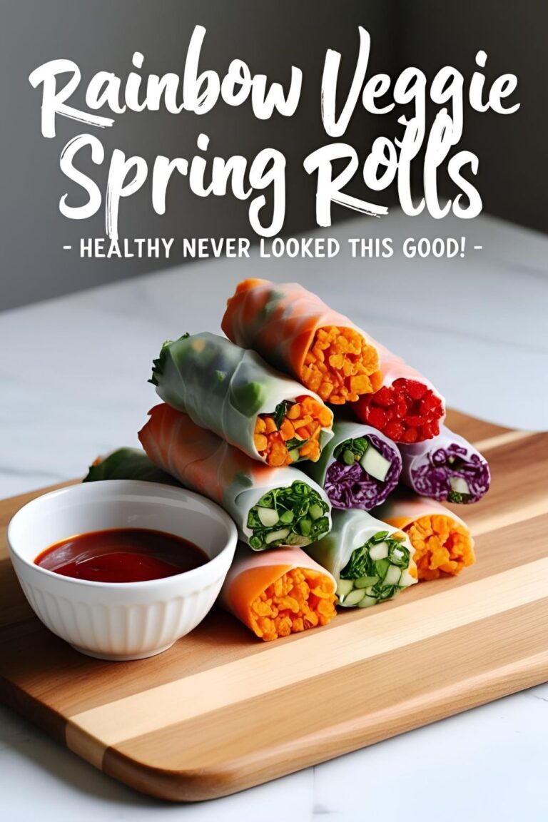 Colorful rainbow veggie spring rolls with fresh herbs and dipping sauce on a platter.