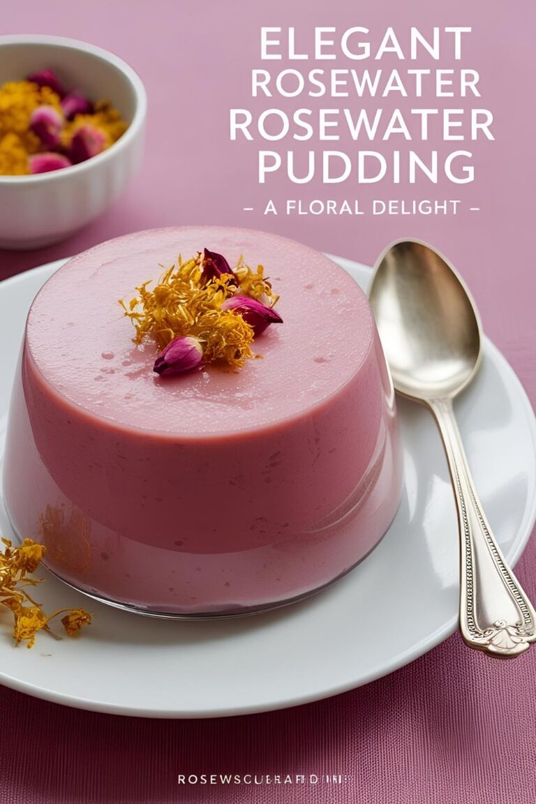 "Glass ramekin filled with rosewater pudding, garnished with pistachios and syrup."