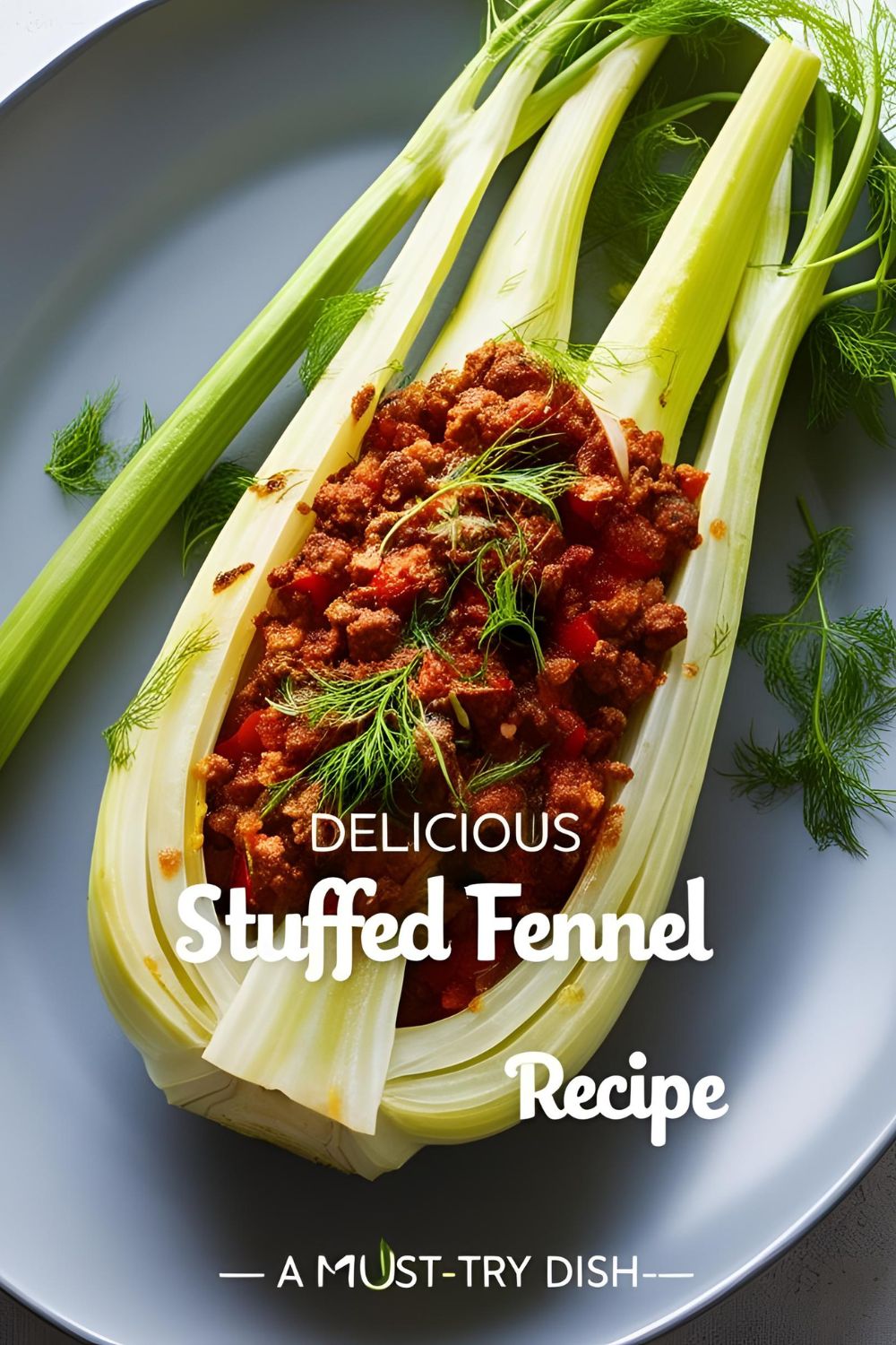 A beautifully plated stuffed fennel dish, golden and garnished with fresh herbs.