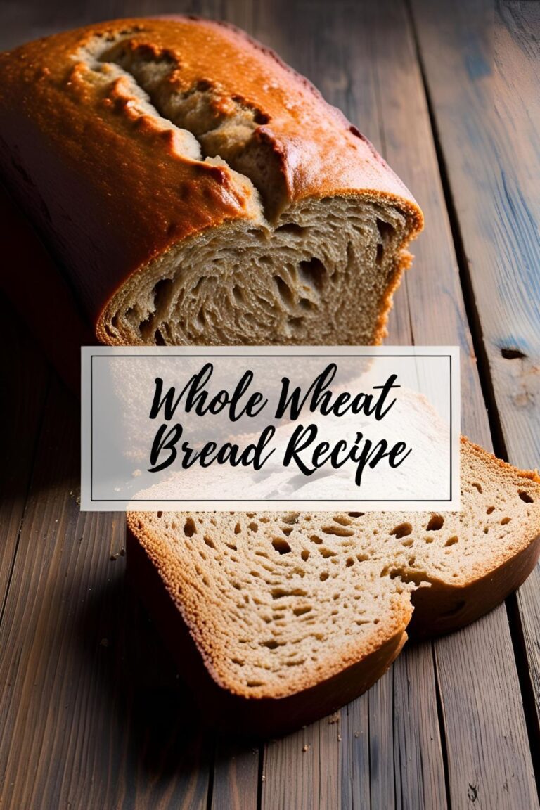 Freshly baked whole wheat bread loaf sliced on a wooden cutting board.