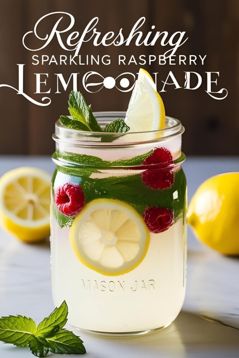 Glass of sparkling raspberry lemonade garnished with mint and lemon slices.