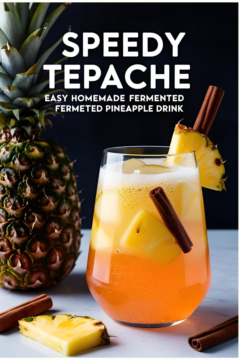 Overhead view of fresh pineapple peels, piloncillo (or brown sugar), cinnamon sticks, cloves, and a glass jar laid out on a rustic wooden surface, ready to be turned into a refreshing fermented drink.