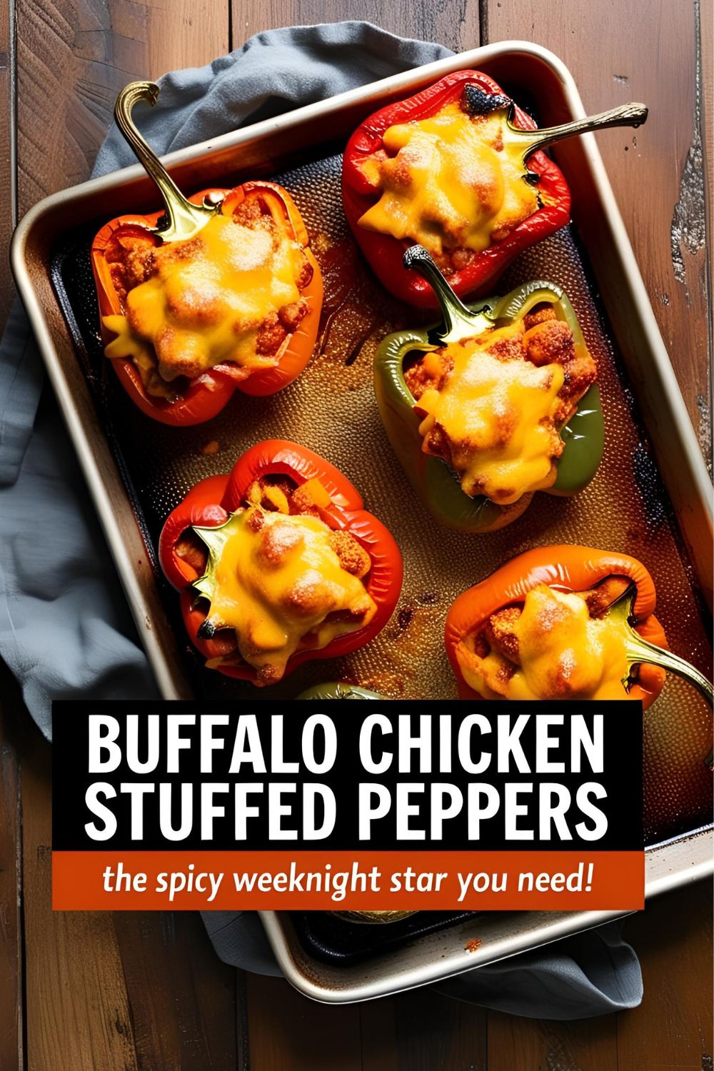 Close-up of spicy, cheesy Buffalo Chicken Stuffed Peppers baked to perfection for an easy, delicious weeknight dinner.