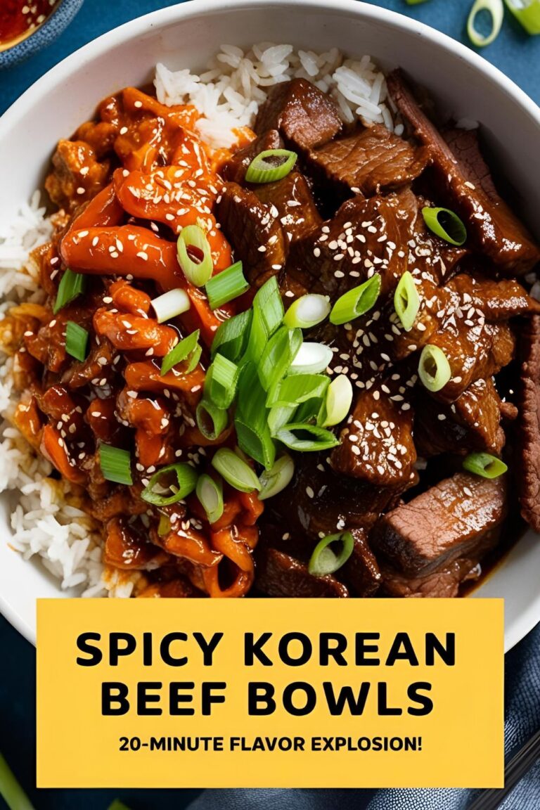 A bowl of Spicy Korean Beef with rice, garnished with green onions and sesame seeds.