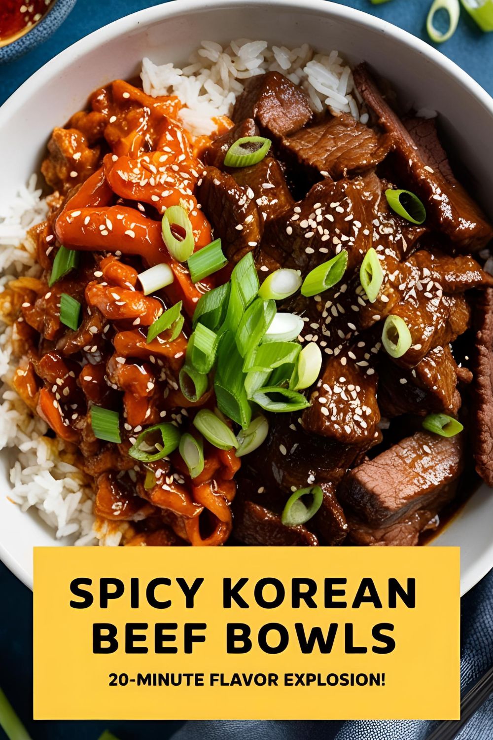 A bowl of Spicy Korean Beef with rice, garnished with green onions and sesame seeds.