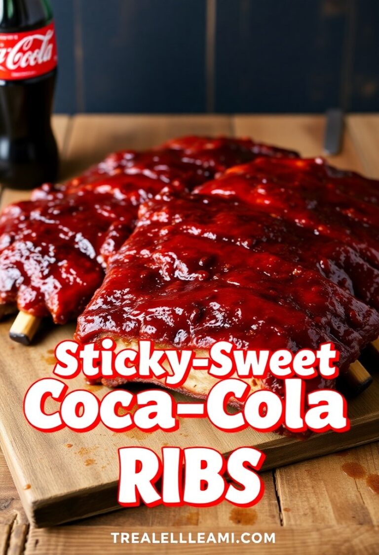 Glazed Coca-Cola ribs served on a rustic platter with garnishes.