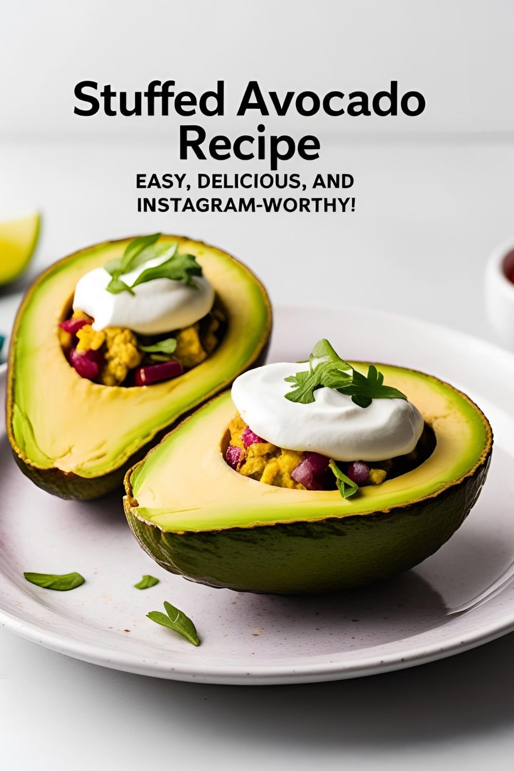 A beautifully presented stuffed avocado half filled with tuna salad, garnished with fresh herbs.