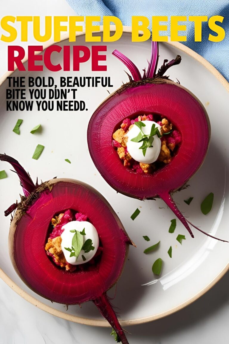 A beautifully plated stuffed beet, showcasing its vibrant color and rich filling.