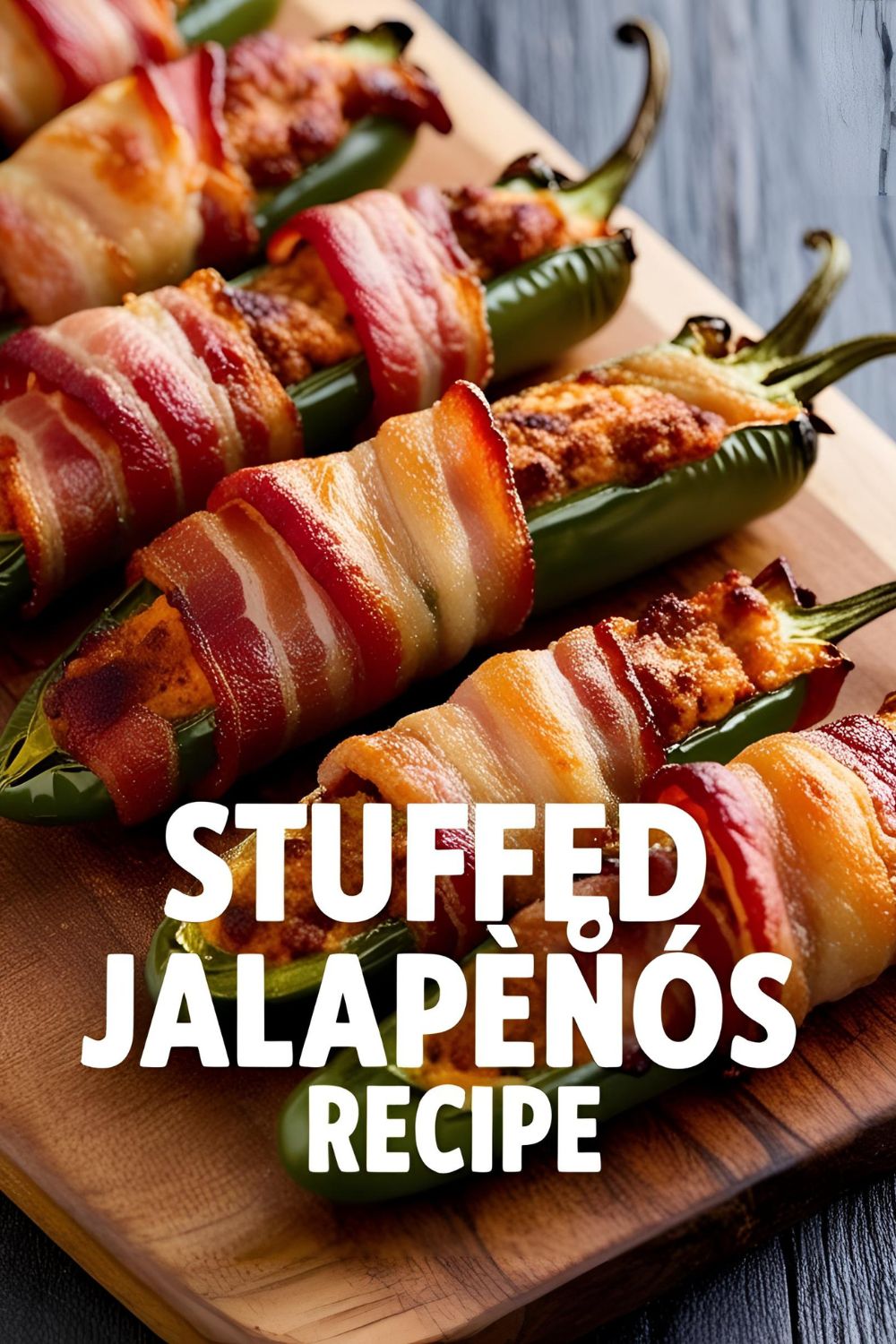 Close-up of bacon-wrapped stuffed jalapeños on a serving platter.