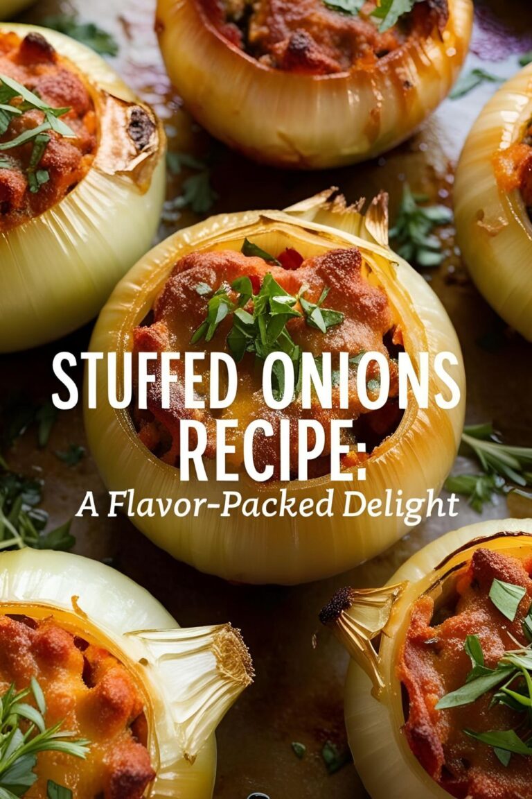 Golden-baked stuffed onions filled with savory rice and herbs, served on a rustic plate.