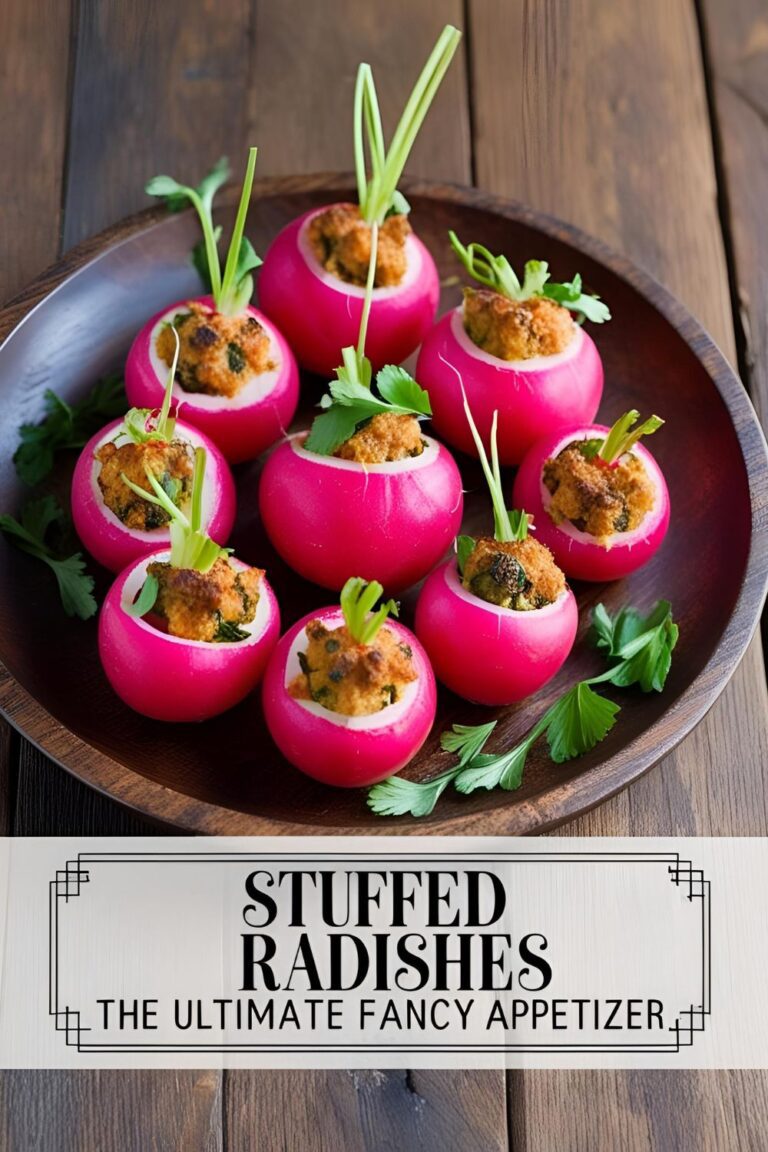 Stuffed radishes filled with goat cheese and herbs, served on a rustic platter.
