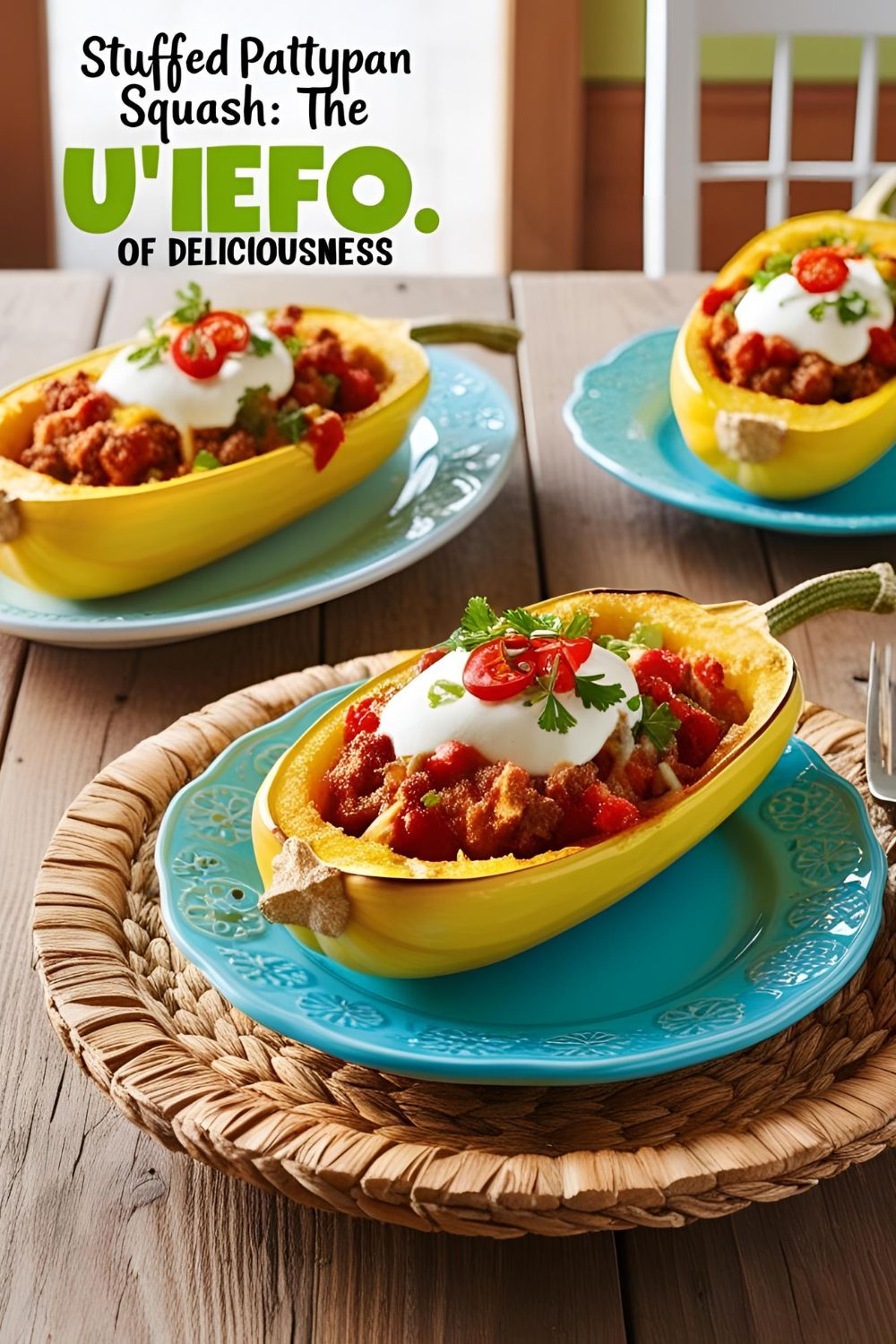 A beautifully plated stuffed pattypan squash, showcasing its unique shape and savory filling.