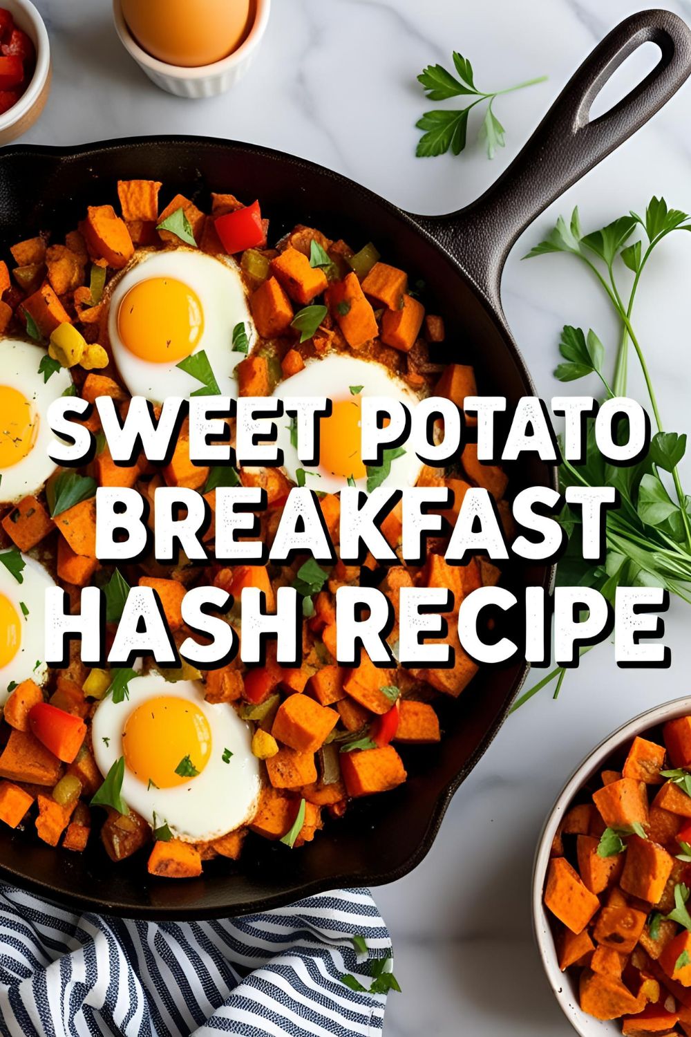 Overhead shot of a skillet filled with sweet potato breakfast hash, featuring vibrant veggies and perfectly cooked eggs.