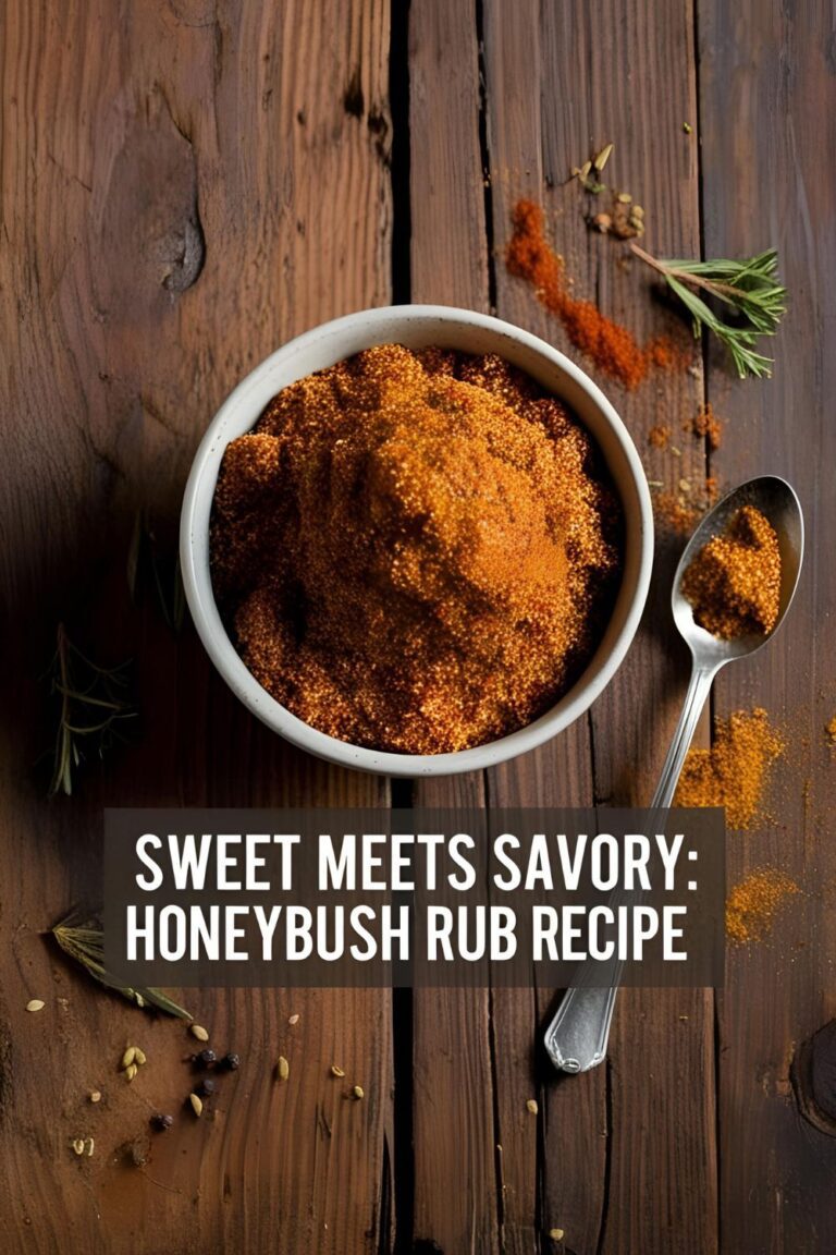 "A bowl of homemade honeybush rub surrounded by spices on a rustic table."
