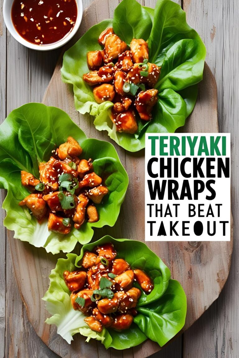 Plated teriyaki chicken lettuce wraps with sesame seeds and green onion garnish