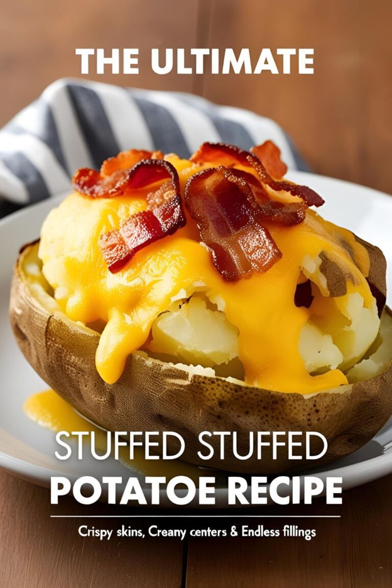 A golden-brown stuffed potato topped with melted cheese and crispy bacon on a rustic plate.