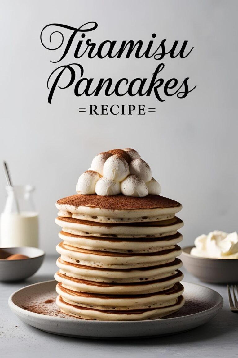Stack of tiramisu pancakes with mascarpone layers and cocoa dusting.