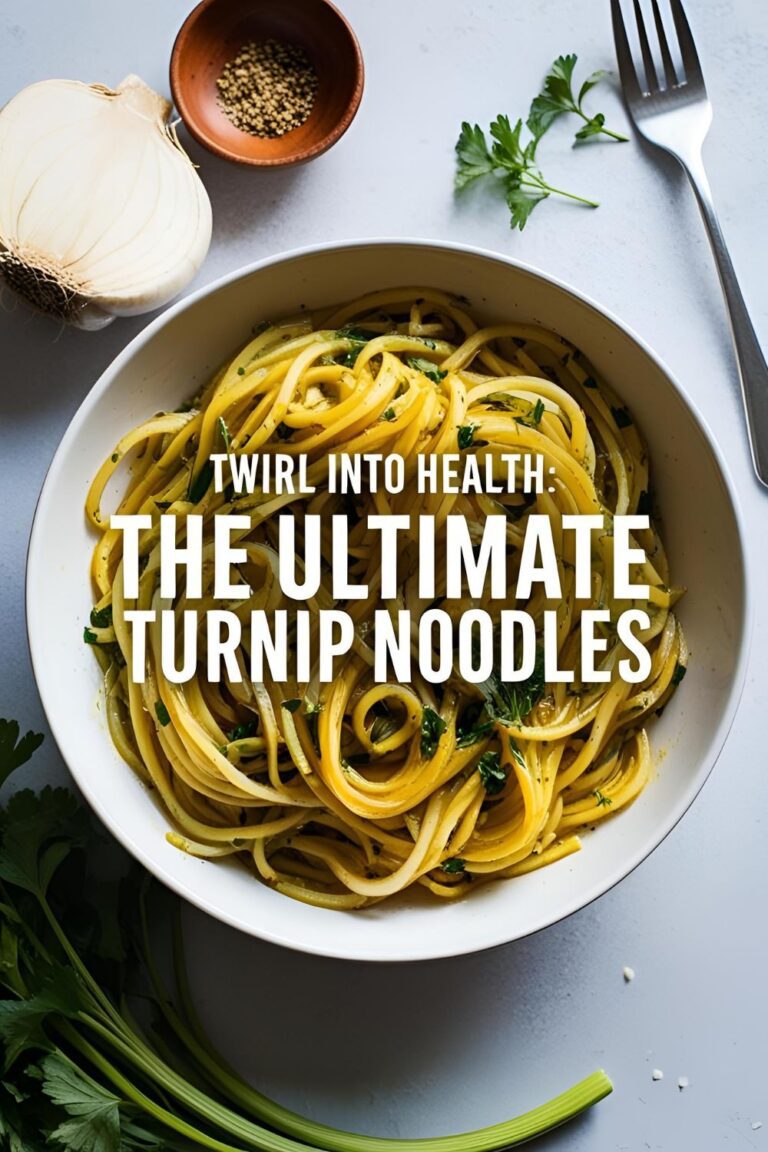 A bowl of turnip noodles garnished with herbs and Parmesan.