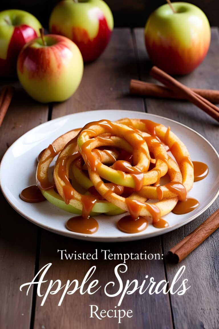 "Golden-brown apple spirals drizzled with caramel sauce on a rustic plate."