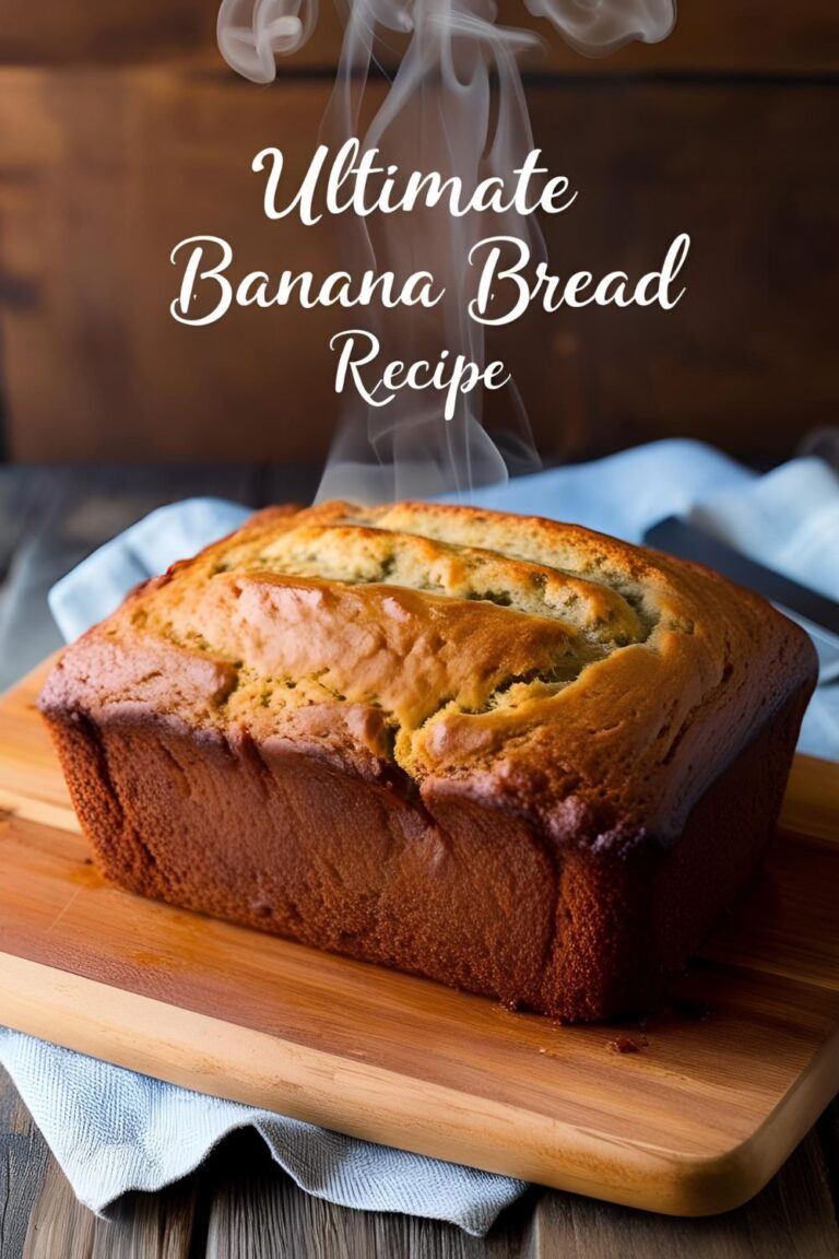 A freshly baked banana bread loaf sliced on a wooden board, showcasing its moist interior.