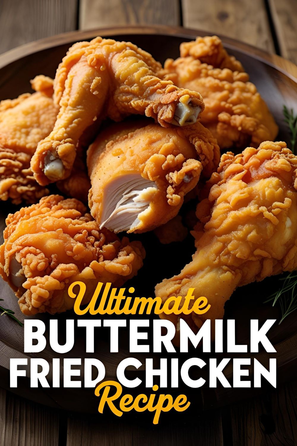 A platter of crispy buttermilk fried chicken pieces garnished with herbs.