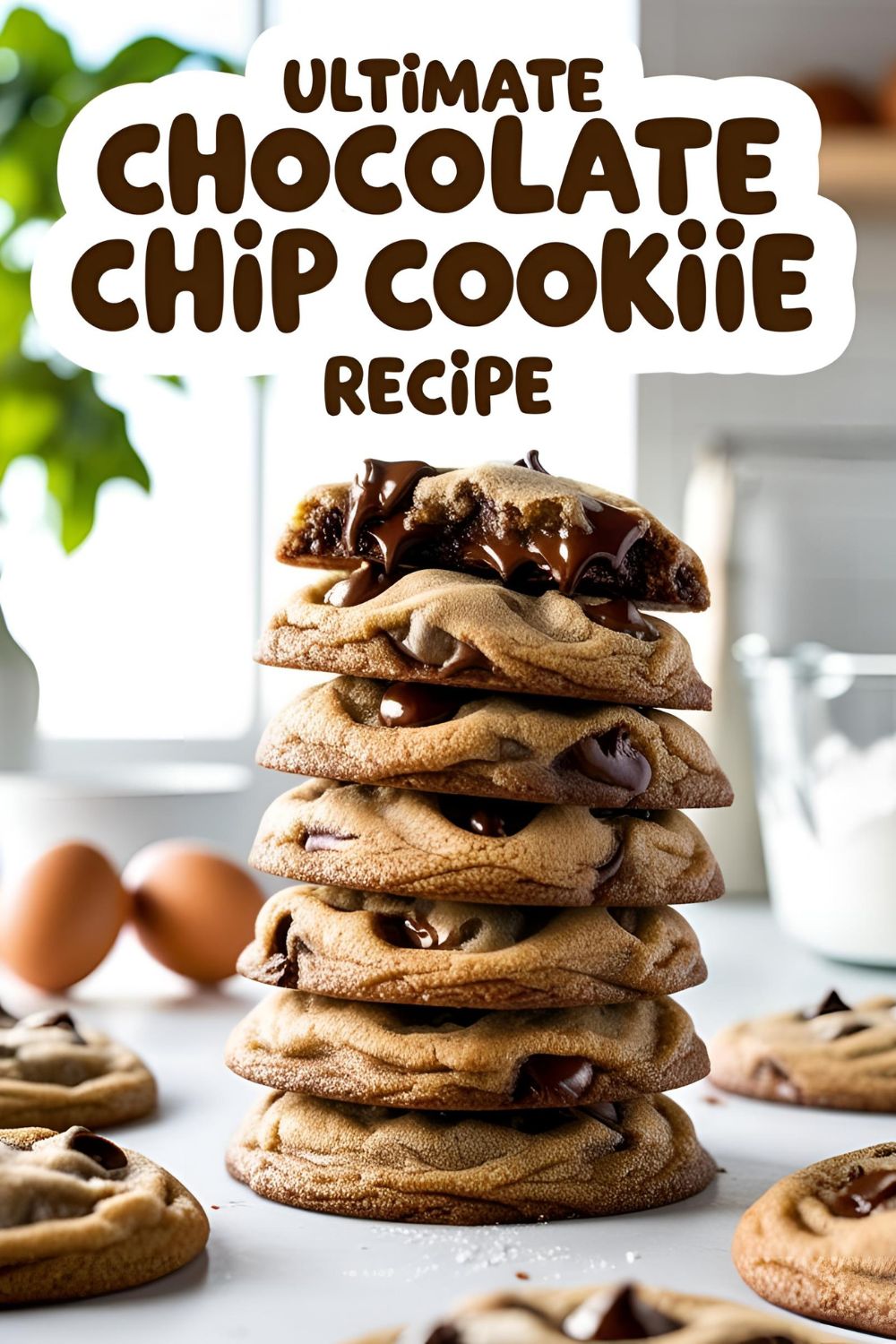 Stack of freshly baked chocolate chip cookies with gooey centers and crispy edges.