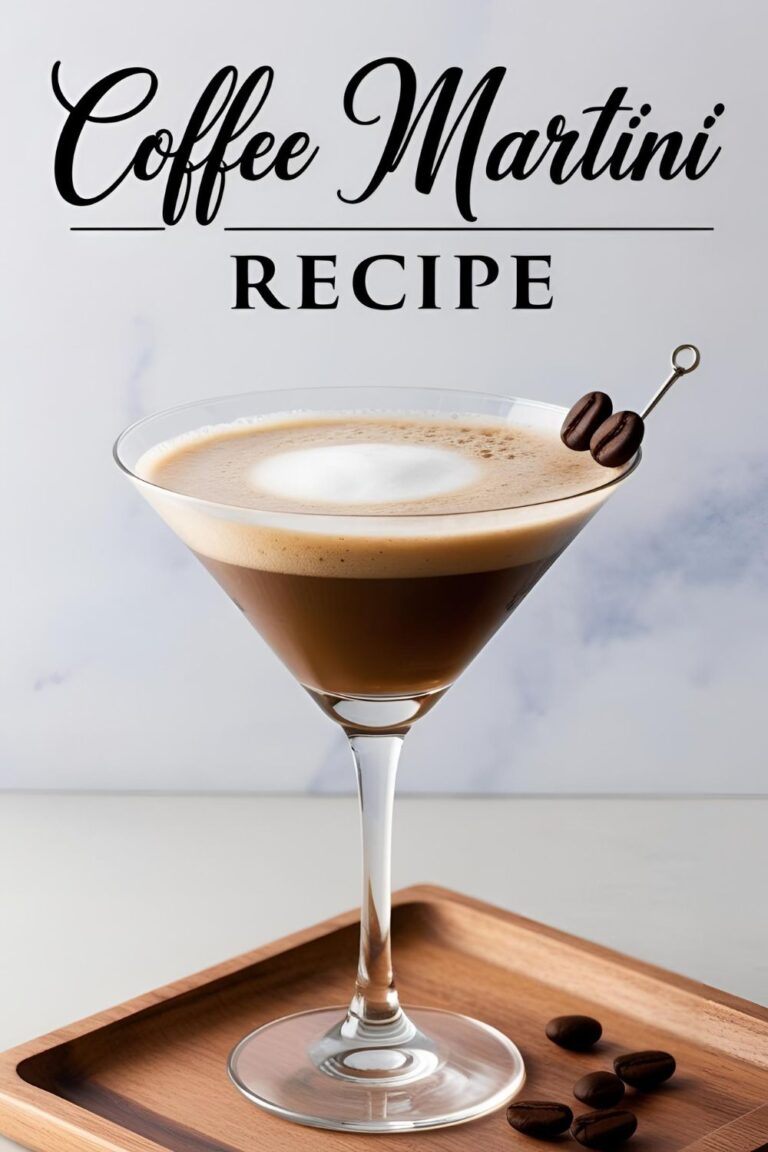 A frothy coffee martini garnished with coffee beans in a martini glass.