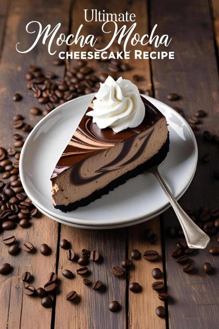 A slice of mocha cheesecake with chocolate swirls and whipped cream on a rustic table.