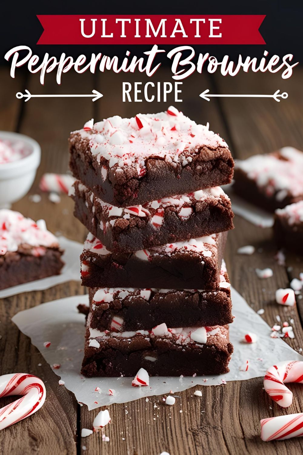 Text overlay image of rich, fudgy peppermint brownies stacked on a white plate, sprinkled with crushed candy canes, with bold festive lettering that reads “Peppermint Brownies Recipe – Easy, Fudgy & Festive!” in holiday-themed fonts, styled with a cozy winter backdrop of pine branches and twinkling lights.