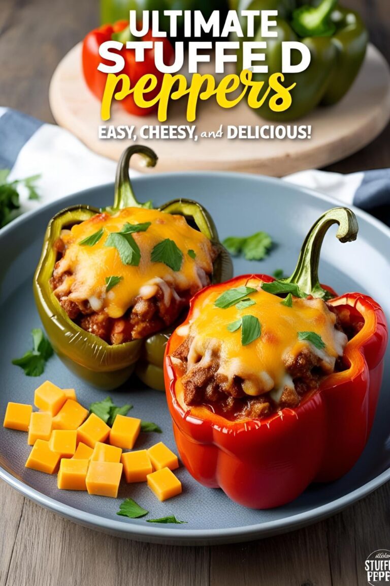 "Baked stuffed peppers filled with meat, rice, and cheese, garnished with fresh herbs."