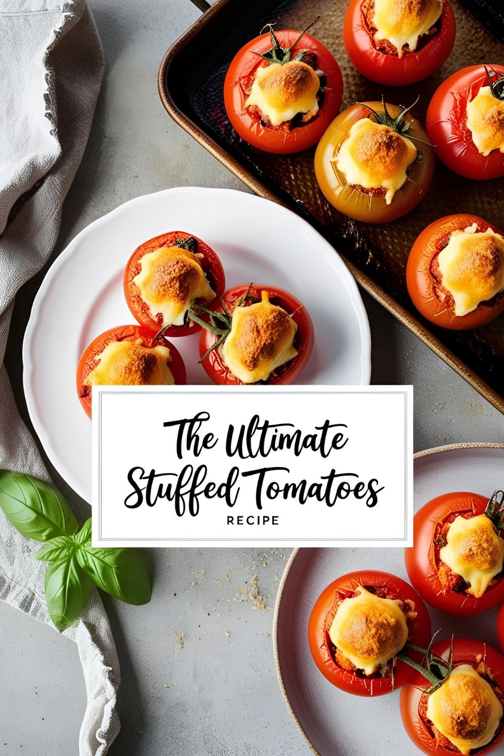 Plate of golden-baked stuffed tomatoes garnished with fresh basil."