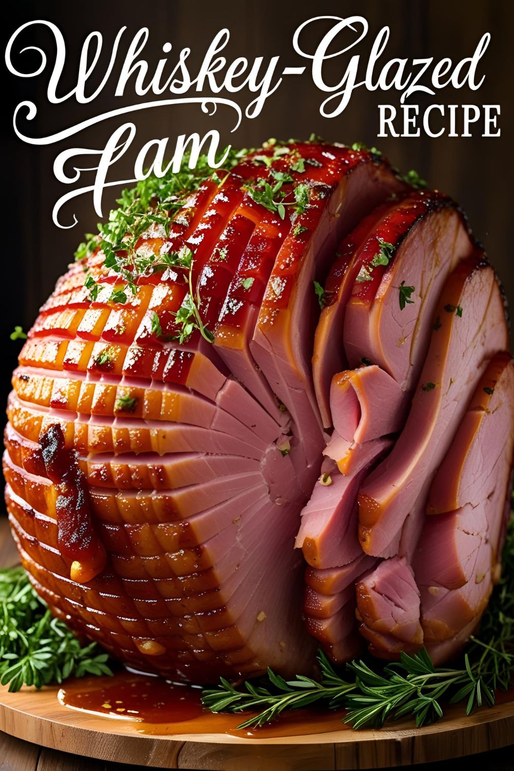 A beautifully glazed ham with a golden-brown crust, garnished with herbs