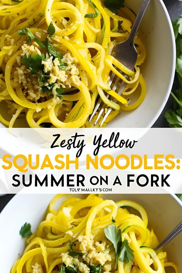 Bowl of garlicky yellow squash noodles garnished with fresh basil.