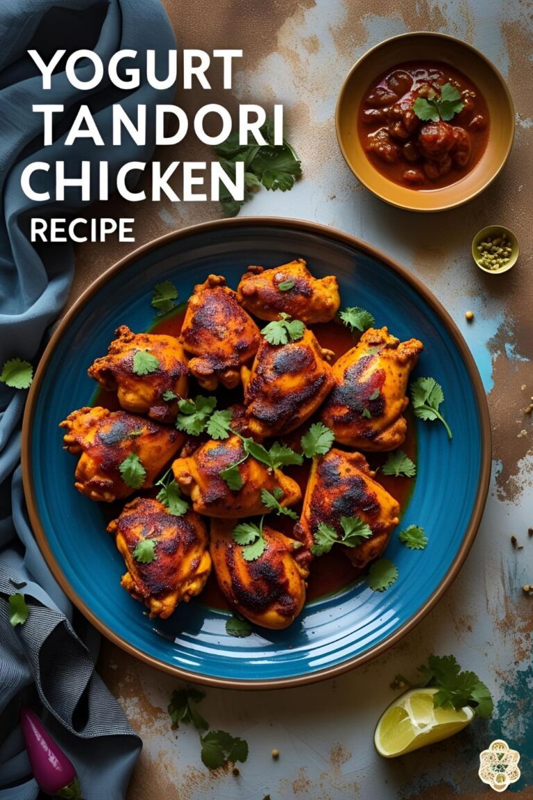 A plate of juicy Yogurt Tandoori Chicken garnished with cilantro and lemon wedges.