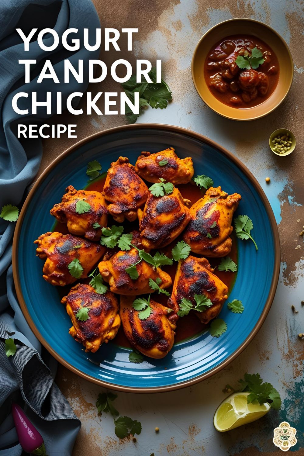 A plate of juicy Yogurt Tandoori Chicken garnished with cilantro and lemon wedges.