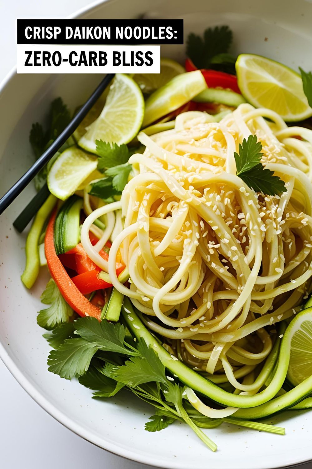 Bowl of sesame-dressed daikon noodles garnished with scallions and sesame seeds.