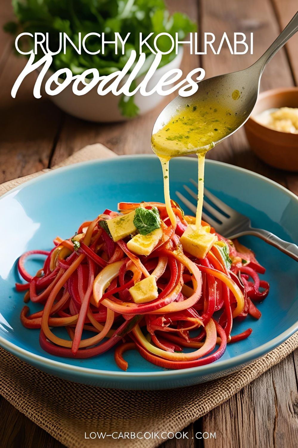 Colorful bowl of garlic and herb kohlrabi noodles garnished with parsley.