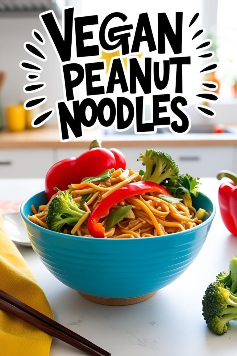 Bowl of Vegan Thai Peanut Noodles garnished with peanuts and cilantro.