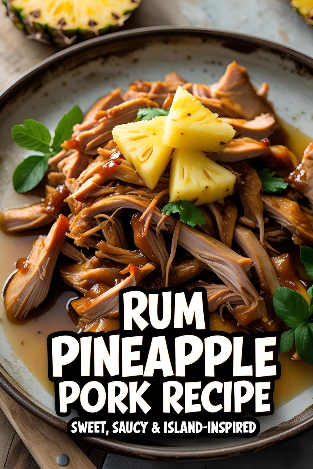 Juicy shredded pork with pineapple glaze on plate with cilantro garnish and lime wedges