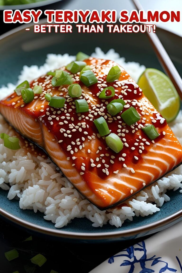 Plated teriyaki salmon with sesame seeds and green onions on white rice, close-up shot