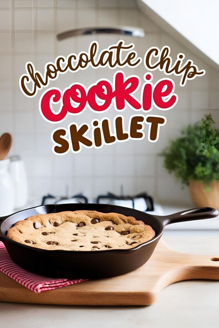 A warm chocolate chip cookie skillet topped with melting vanilla ice cream.