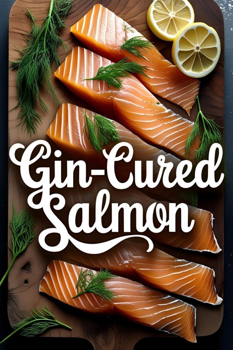 Thinly sliced gin-cured salmon garnished with dill and lemon on a wooden board.