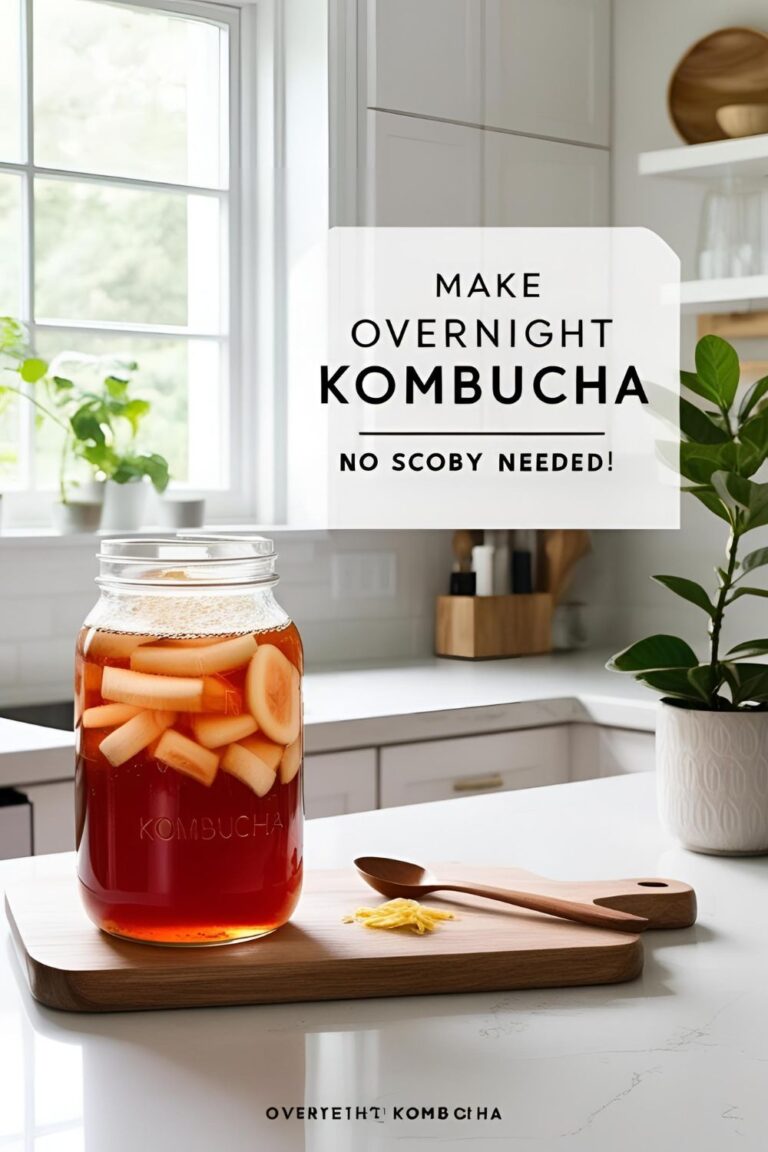 Glass jars of fruity overnight kombucha on a bright kitchen counter with herbs and citrus.